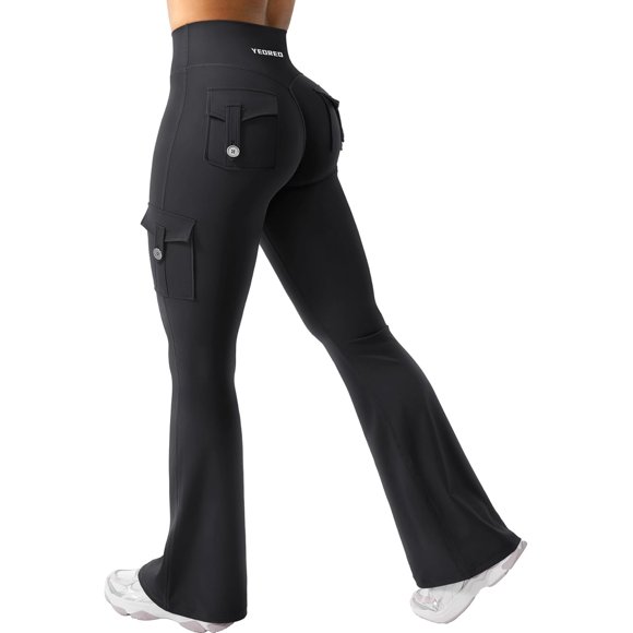 YEOREO CoreFlex Leggings Évasés d'Entraînement pour Femmes avec Poches, Fronces Cachées, Taille Haute, Cargo, Gym, Yoga, Sans Couture à l'Avant
