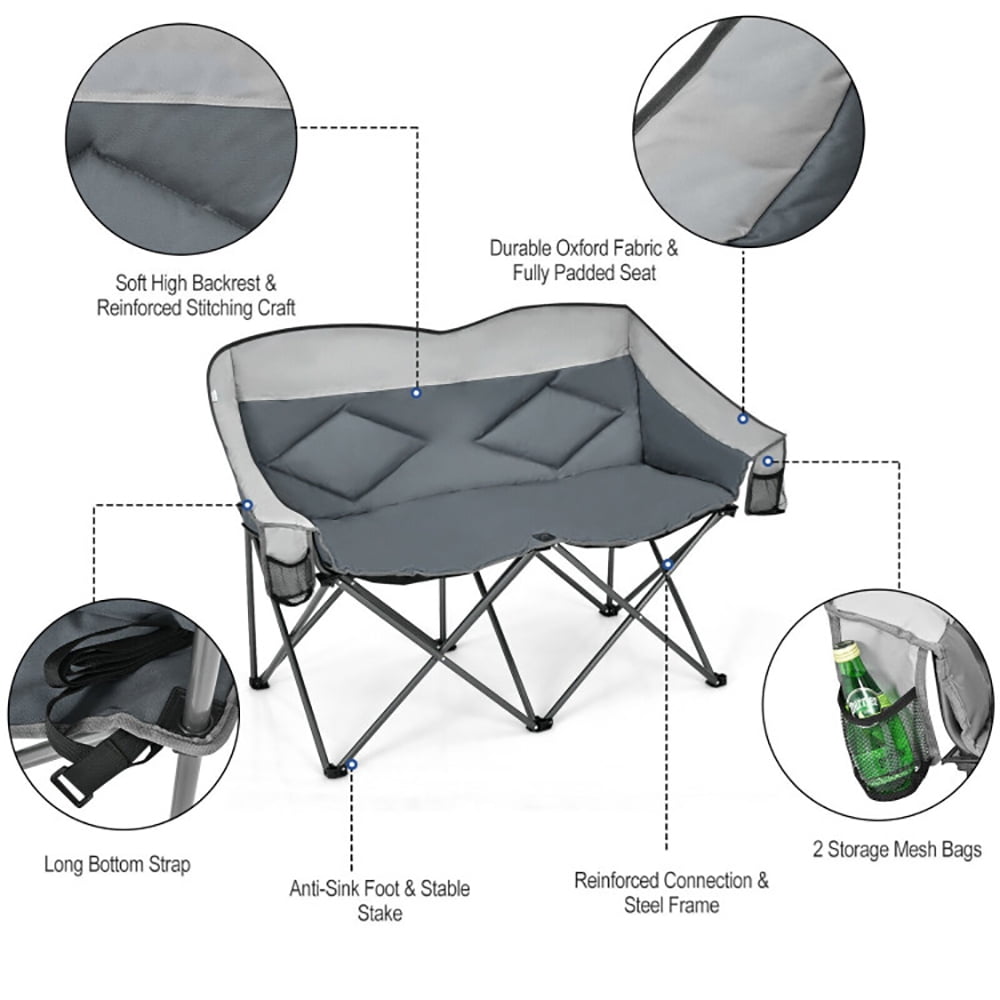 Aimee Lii Folding Camping Chair with Bags and Padded Backrest, Heavy Duty Extra Wide Folding Chair, Gray