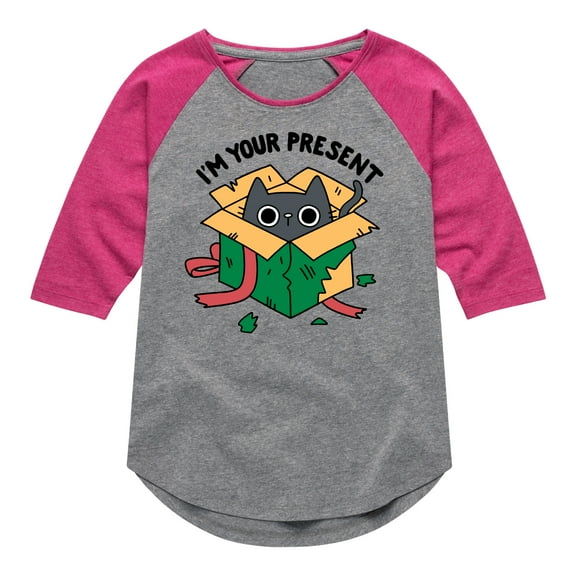 Instant Message - Cat Christmas Present - Toddler & Youth Girls Raglan Graphic T-Shirt