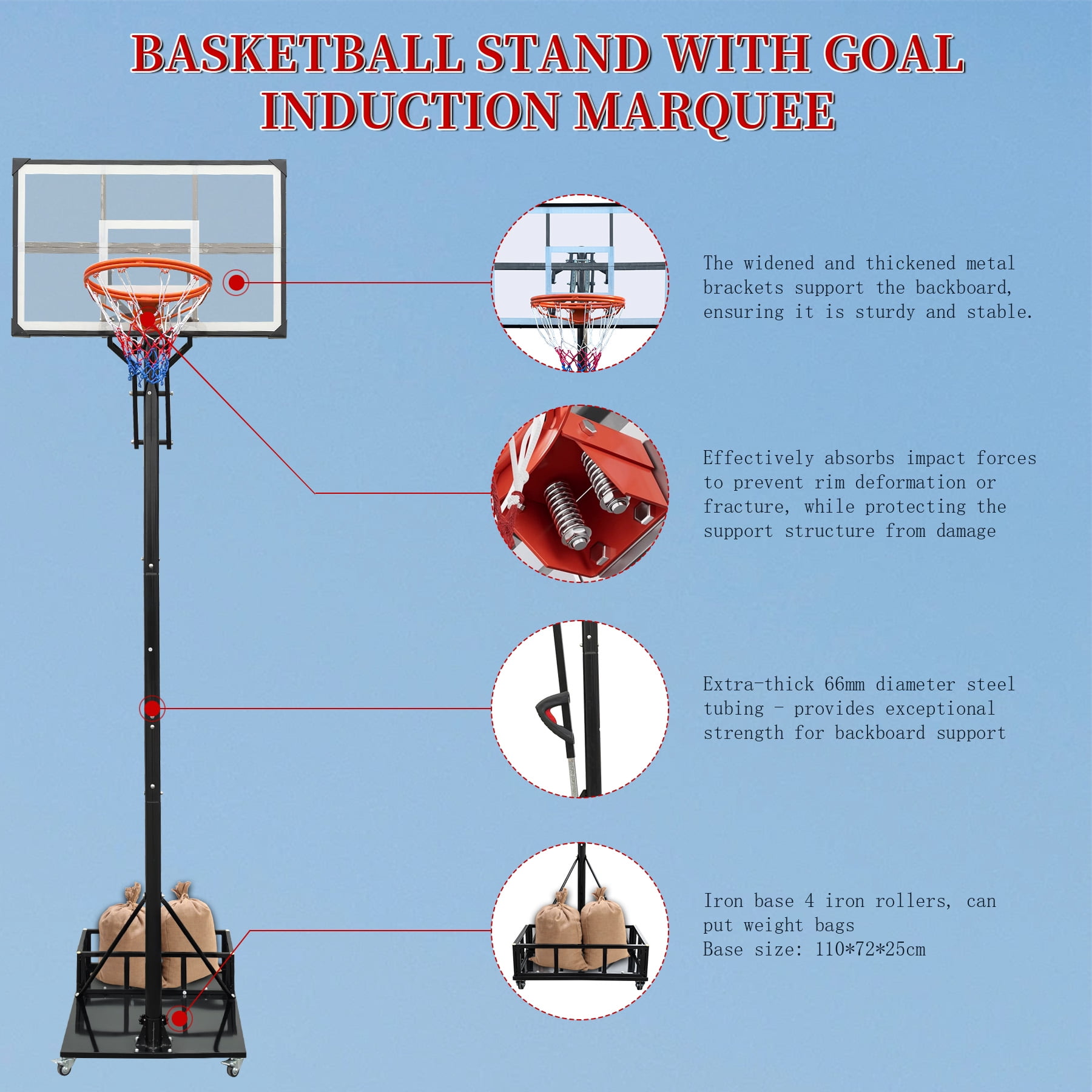 Portable Basketball Hoop, Adjustable Height 8.04 ft to 10.01 ft, 44 inch Backboard with Rebound System, Indoor/Outdoor Goal with Counterweight Bag, Wheels