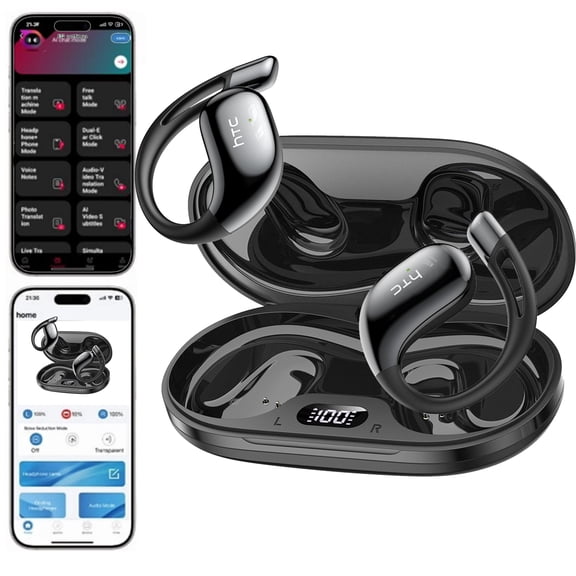 HTC NE57 Wireless Earbuds Open Ear Headphones Sports, Bluetooth 6.0 Earbuds, 48h Support 150 AI Languages Translator Earbuds IPX6 Waterproof,Black