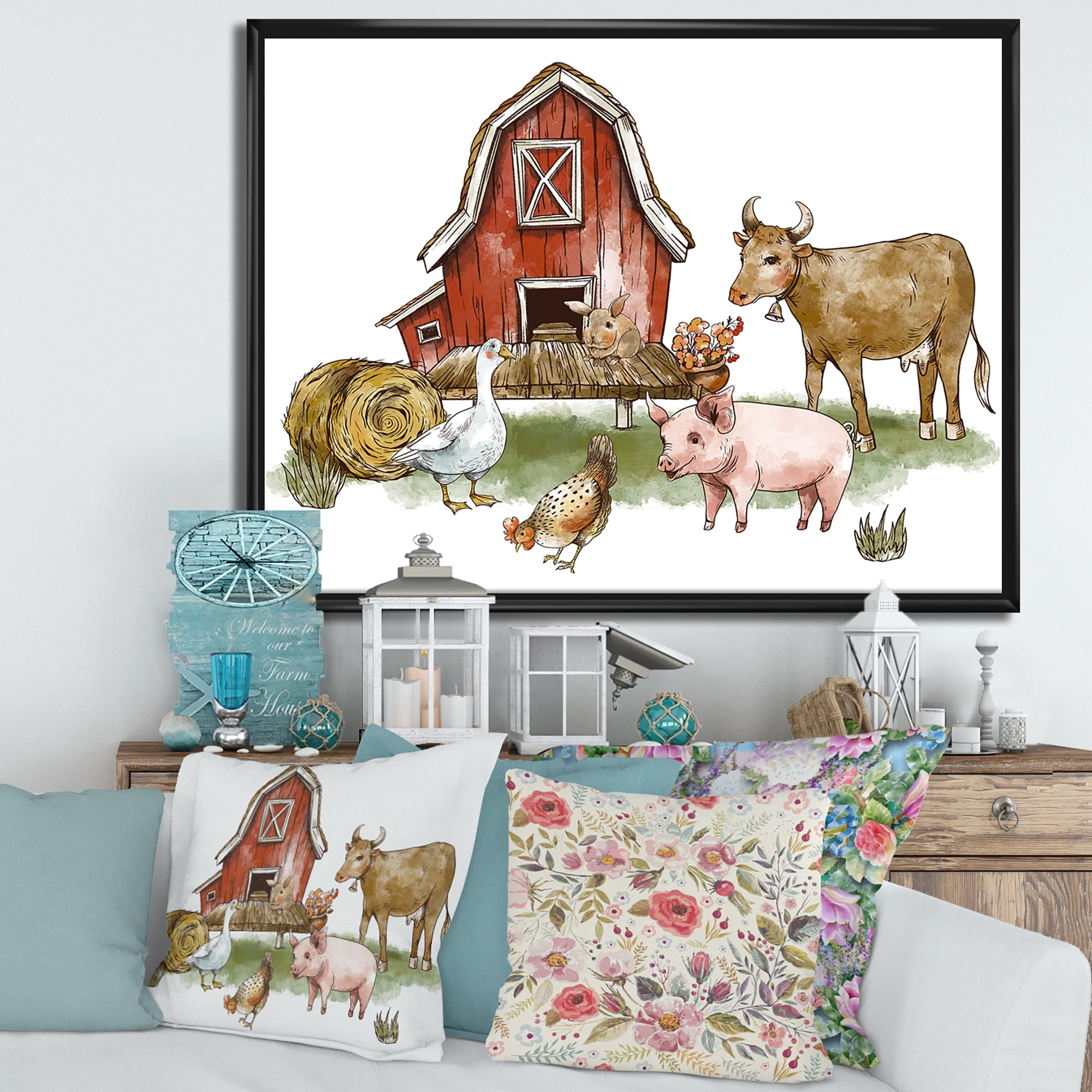 Designart 'Farm House With Goose Cow Pig Chicken and Haystack' Rustic Framed Canvas Wall Art Print