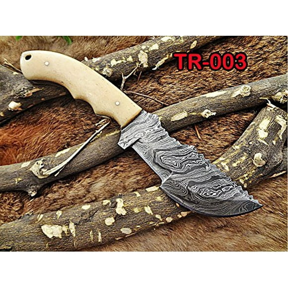 10"Long tracker knife hand forged twist pattern full tang Damascus steel, Natural Camel bone hole scale, Cow hide leather sheath