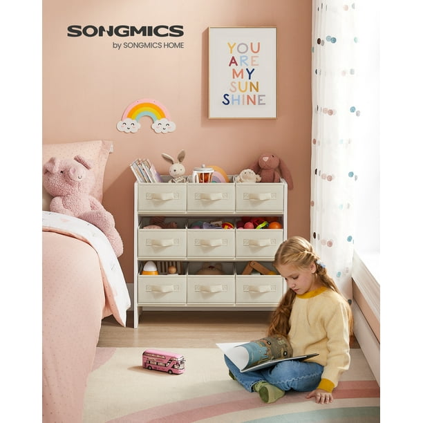 SONGMICS UGKR033W10 - Organizador de Juguetes para niños con 9 Cajas de Tela no Tejida, para habitación de niños y Sala de Juegos, Espacioso, 11.6 x 24.6 x 23.6 pulgadas, Blanco Nube