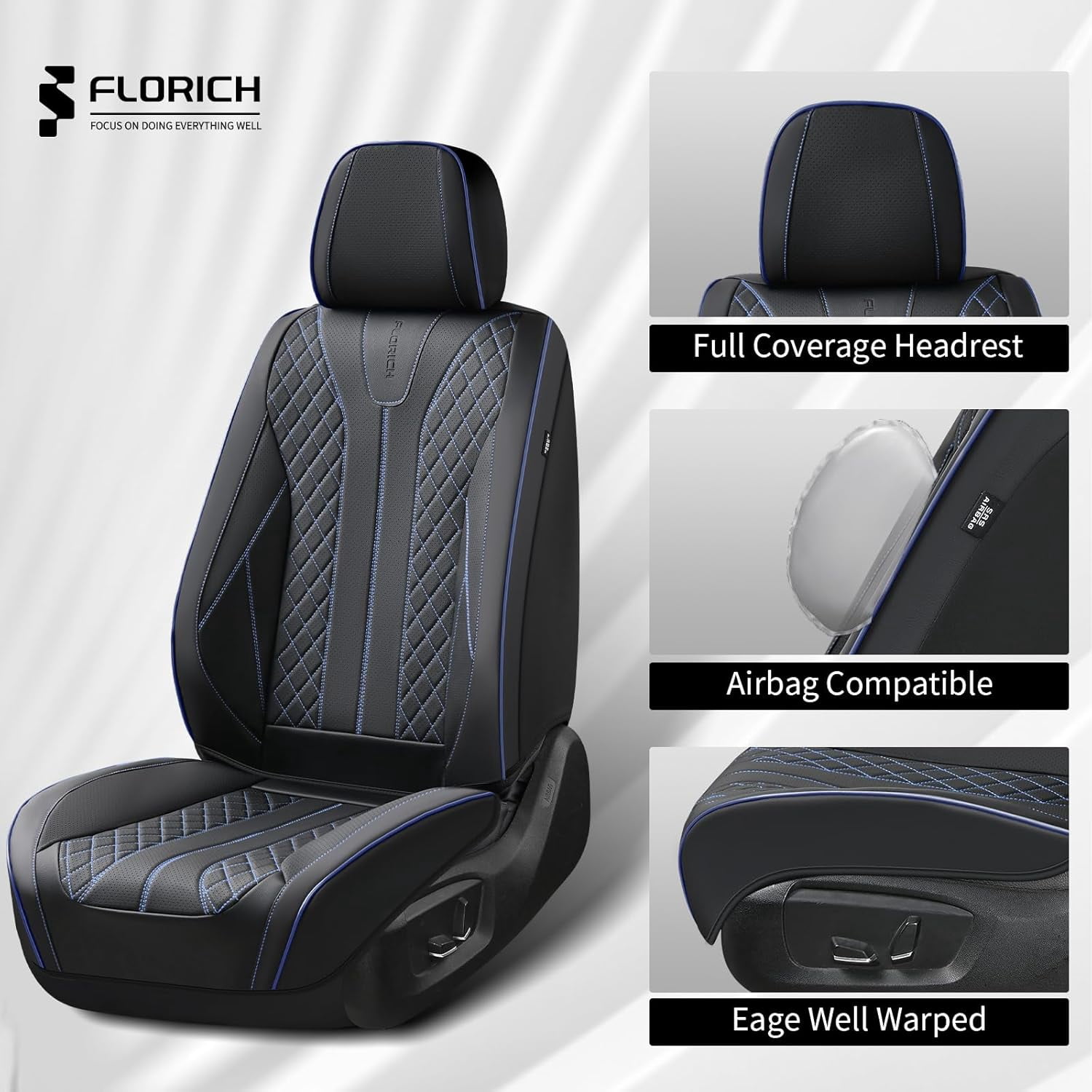 FLORICH Full Set Car Seat Covers, Premium Faux Leather Seat Protectors, Breathable Material Cushions Universal Fit for Most Cars, Black & Blue Line