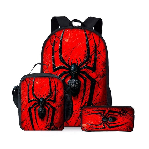 Spider Themed 3‑Piece Backpack Set, Casual Daypack with Insulated Lunch Bag and Pencil Case, Multi‑Pocket Travel Backpack Bundle