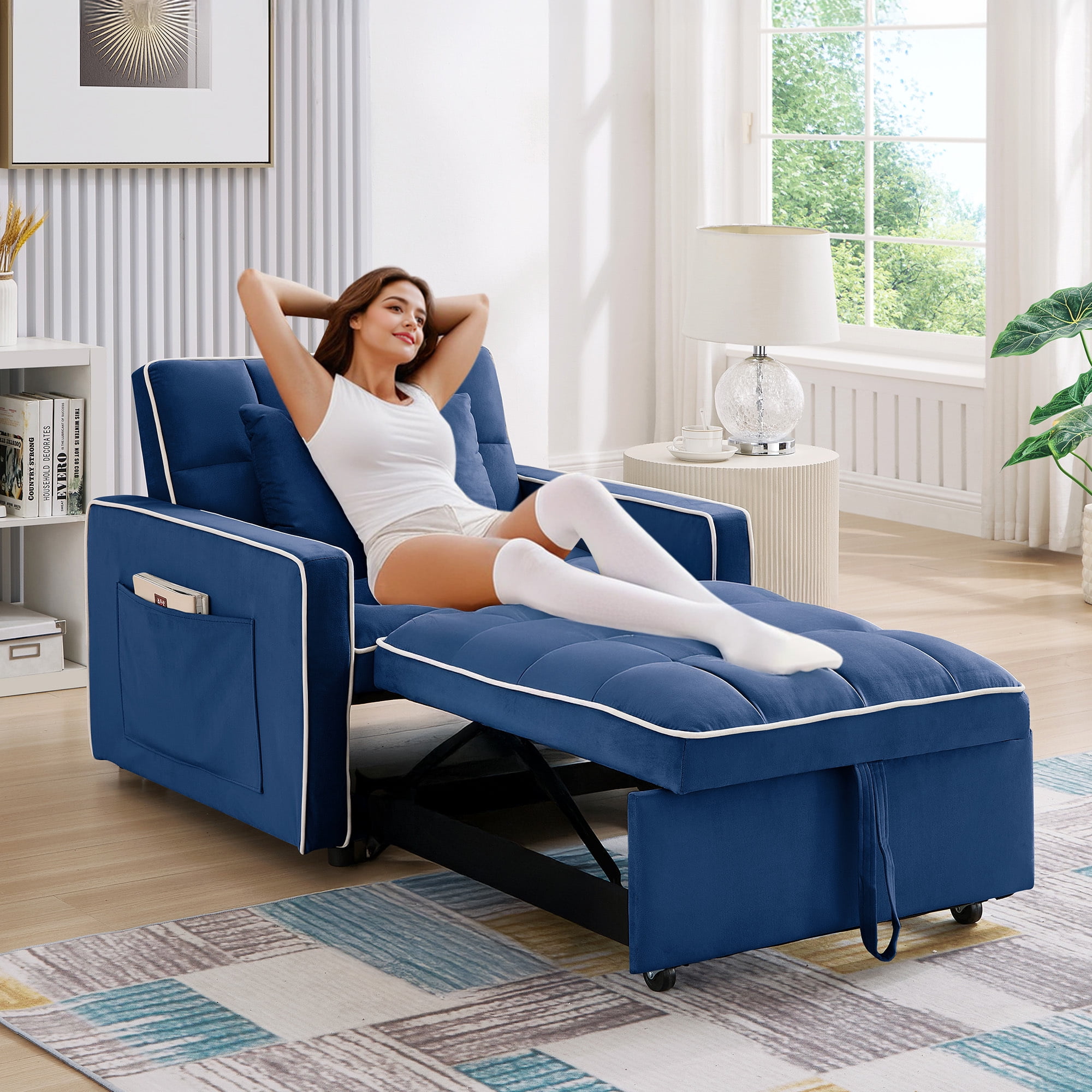 Dinosisco 3-in-1 Convertible Chair Bed, Sleeper Chair Lounge Chair Indoor, Modern Single Pull Out Couch for Living Room, Cobalt Blue Velvet