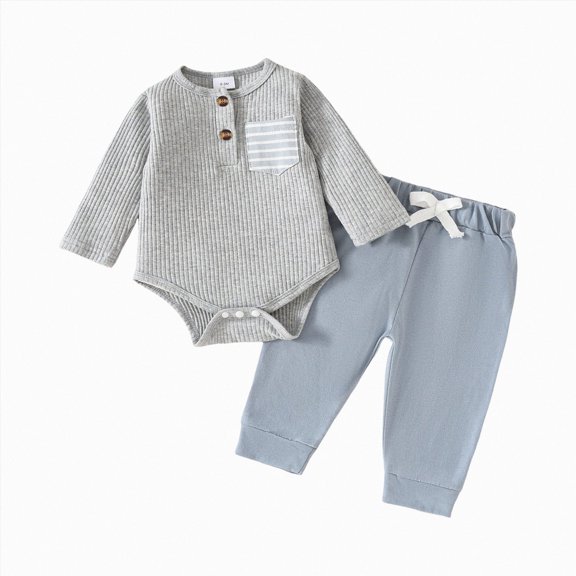 larppty Baby Boy Clothes 3 6 12 18 Months Ribbed Knitted Long Sleeve Romper and Pants Sets Newborn Fall Splicing Color Outfits