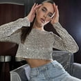thumbnail image 2 of UJNDER Women's Long Sleeve Sequined Crop Tops for Women Casual Evening Wear Silver L, 2 of 4
