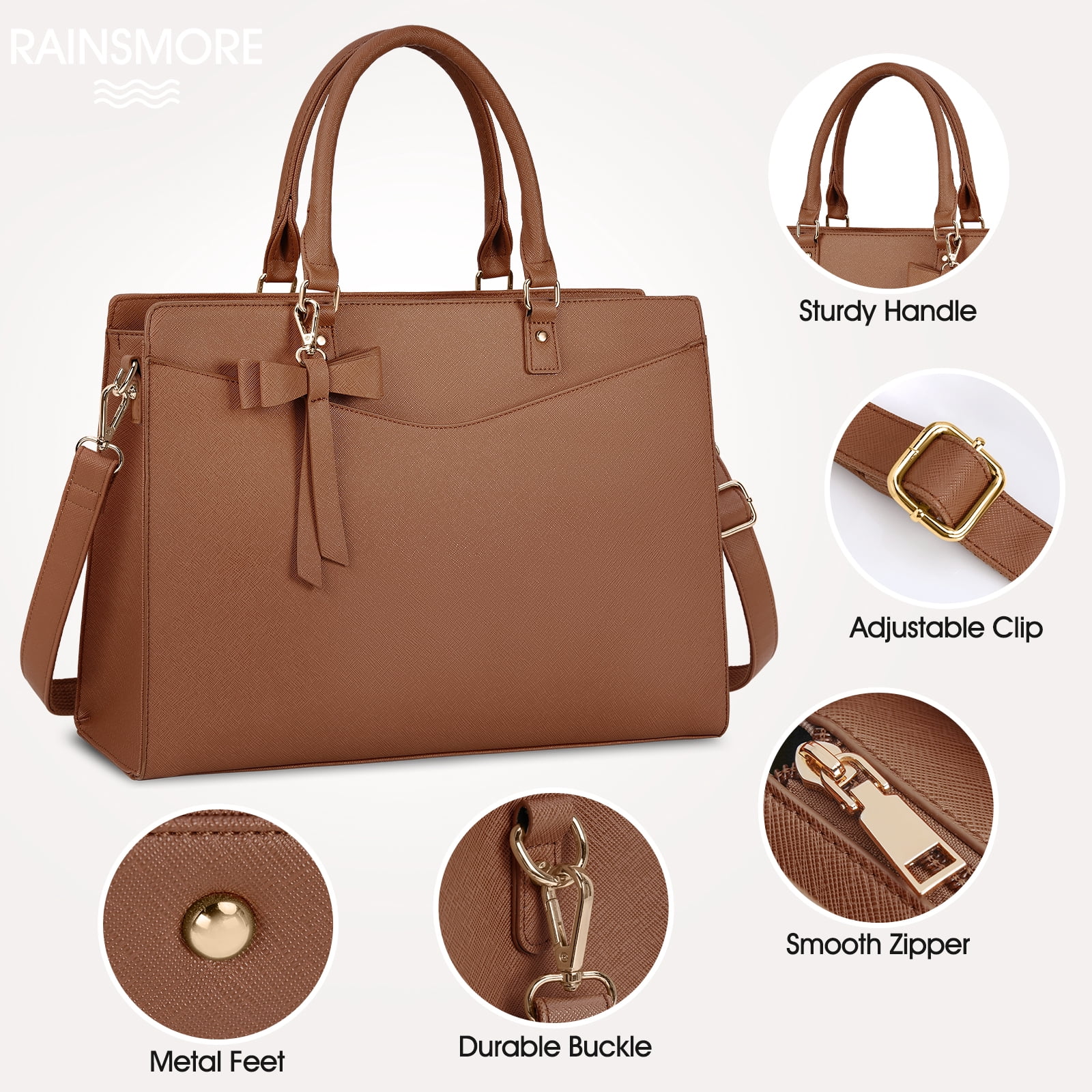 RAINSMORE Laptop Bag for Women 15.6 Inch Laptop Briefcase PU Tote Bag Waterproof Computer Tote Bag for Business Office Work Lightweight Shoulder Handbag,Dark Brown