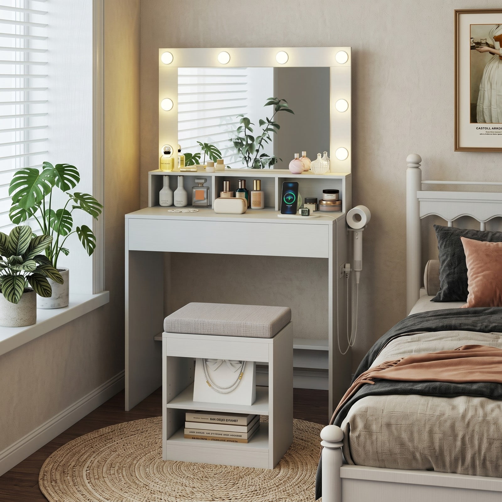 Furnibear Vanity Desk with Lighted Mirror and Charging Station, Makeup Vanity Table with 3 Lighting Modes and Cushioned Stool, White