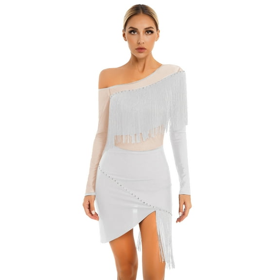 IEFIEL Womens Latin Dance Dress Oblique Shoulder Fringed Dress Ballroom Tango ChaCha Costume White XXL