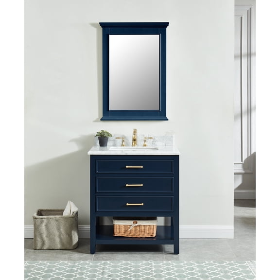 Manhattan 30" Single Bathroom Vanity, 31" W x 22" D x 34.5" H, Carrara Marble Top with Sink & Backsplash, Navy Blue, Solid Wood, Pre-Assembled, 3 Soft-Close Drawers, 1 Shelf