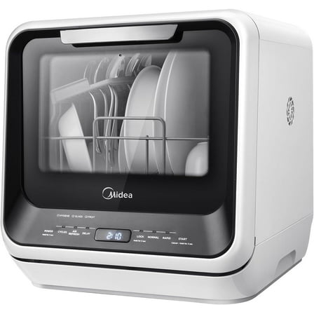 Midea Portable Countertop Dishwasher, 5-Liter Tank, 6 Wash Program, Sanitize, See-Thru Window, White