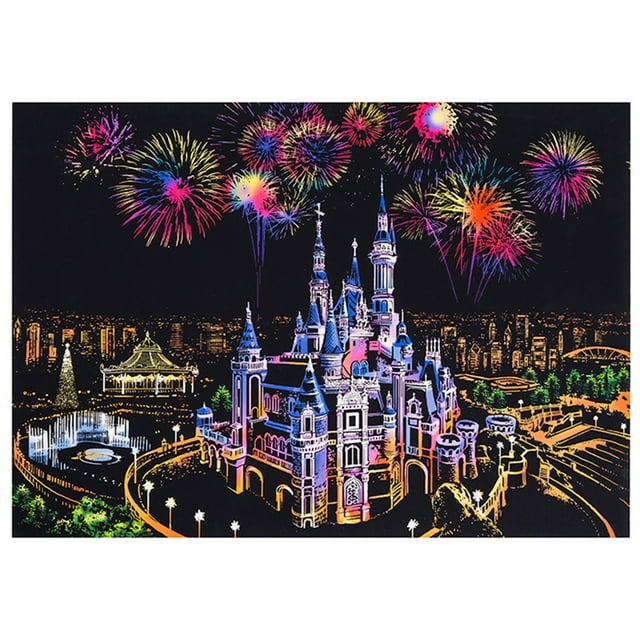 Coofit Papier à Gratter Créatif Magique Art à Gratter Peinture à Gratter Tableau à Gratter Présentant un design Multicolore d'Un Château avec des Feux d'Artifice en Arrière-Plan. Fait de Carton durable, Il Mesure 41 x 28,7 cm (16,14 x 11,30 Po). l'Emballage Comprend un Papier à Gratter et un Bâton de Bambou pour une Utilisation Facile. Idéal pour les Enfants pour Développer les Habiletés de Peinture et la coordination Oeil-Main.