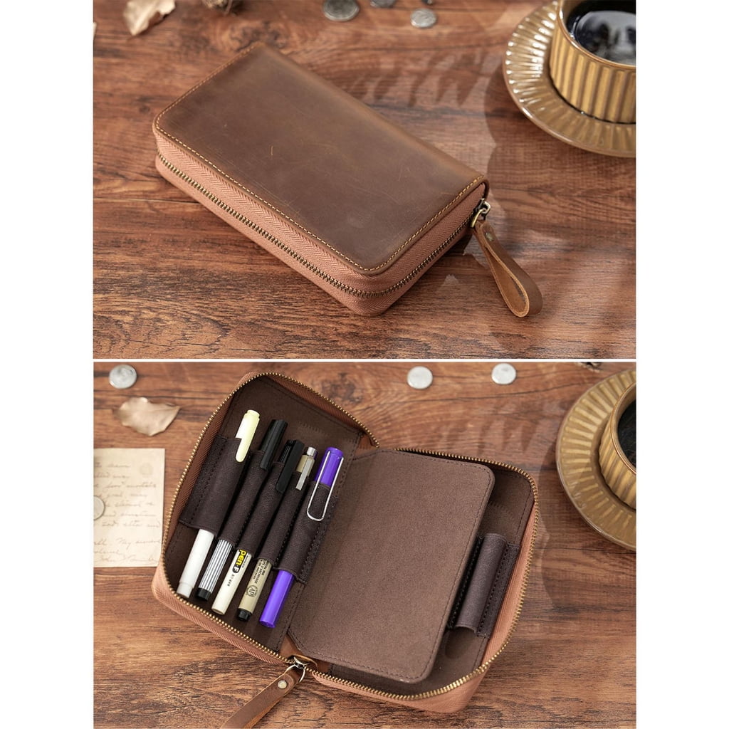 Traditional Fashion Genuine Cattlehide Pencil Case With Multiple Compartment Thin Plan For Students