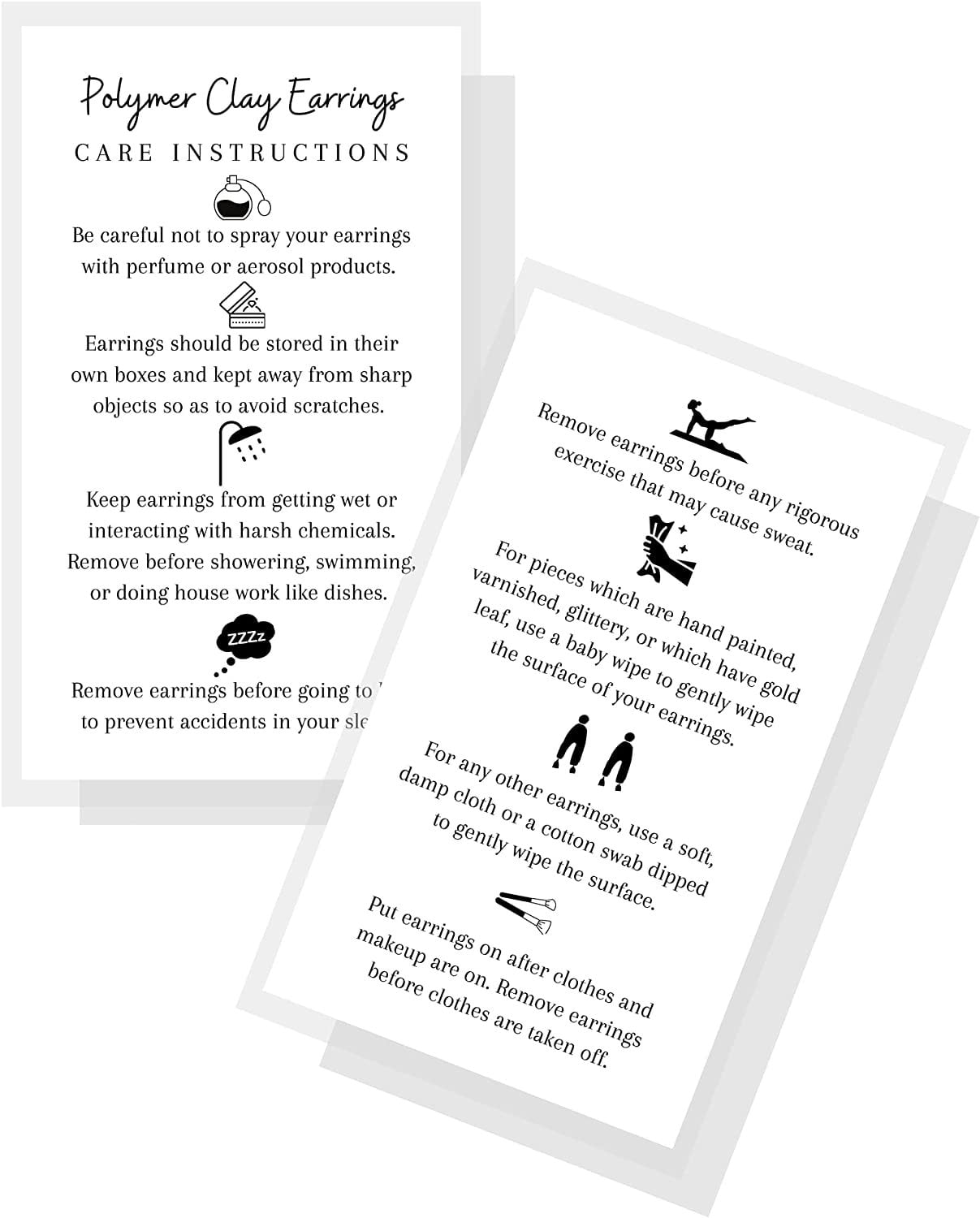 Polymer Clay Earring Care Instruction Card Physical Printed 2" x 3.5