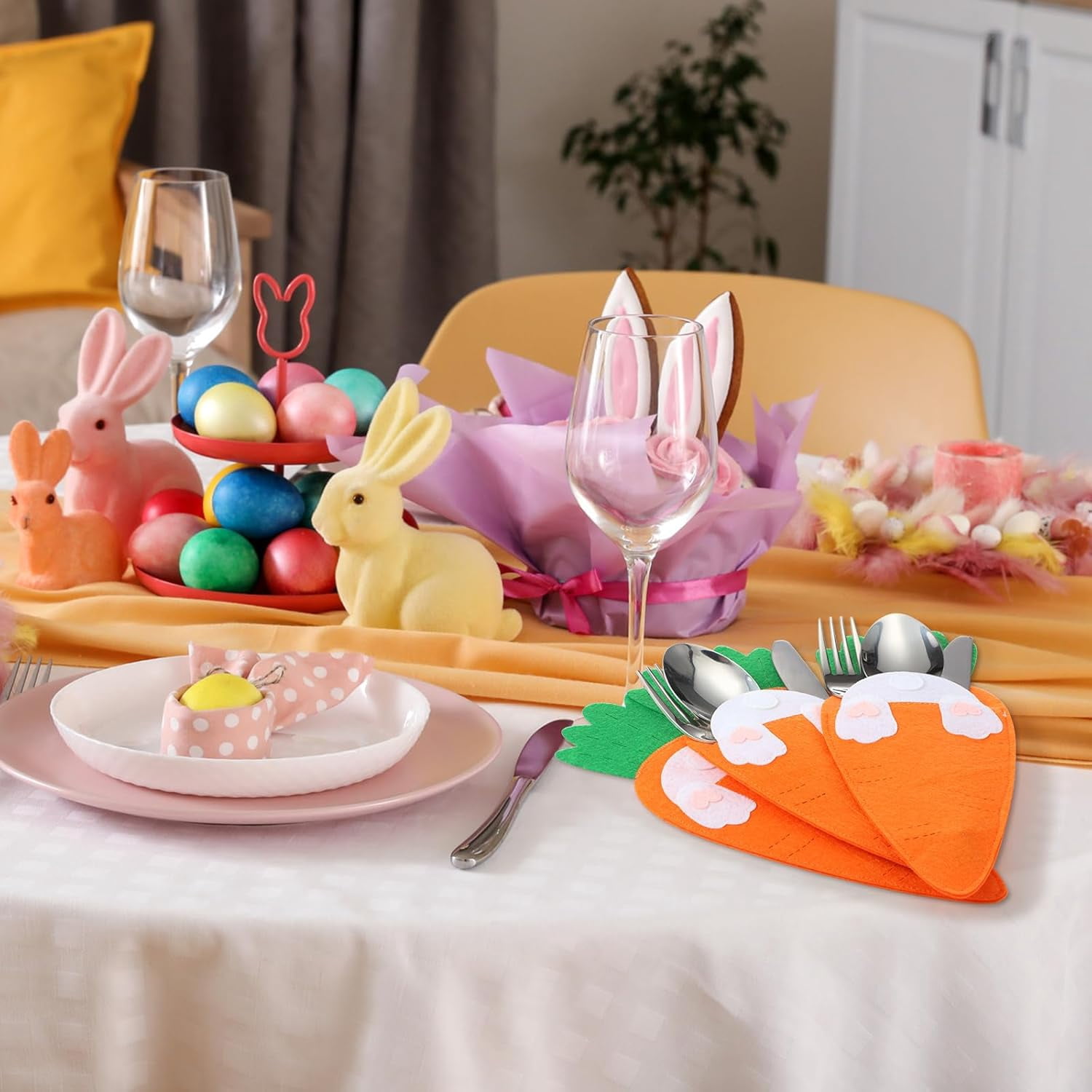 12 Pcs Easter Carrot Utensil Cutlery Holders Bag Felt Bunny Fork Cutter Pouches Silverware Pocket Bag for Easter Home Spring Party Table Decoration Knife Forks Organizer