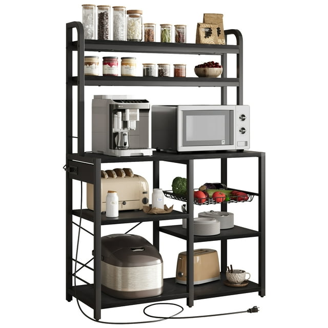 6-Tier Bakers Rack with Power Outlet – Rustic Black Freestanding Kitchen Organizer, Coffee Bar & Microwave Stand – Large Storage Shelves, Wire Drawer & Hutch – For Dining or Living Room – Black