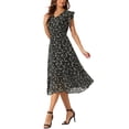 thumbnail image 4 of Vestido de gasa floral con cintura elástica y dobladillo con volantes para mujer Inspire Chic, talla XS, negro, 4 of 7