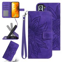 Feishell Slim Wallet Case for Samsung Galaxy S22 5G,for Men Women,Sunflower Embossed Pattern PU Leather Flip Cover Magnetic Closure Folio Card Slots Kickstand Phone Case with Hand Strap,Darkpurple