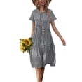 thumbnail image 2 of Franhais Women Casual Lapel Plaid Midi Dress Short Sleeve Gingham V Neck Button Down A-line Swing Loose Shirt Dress, 2 of 9