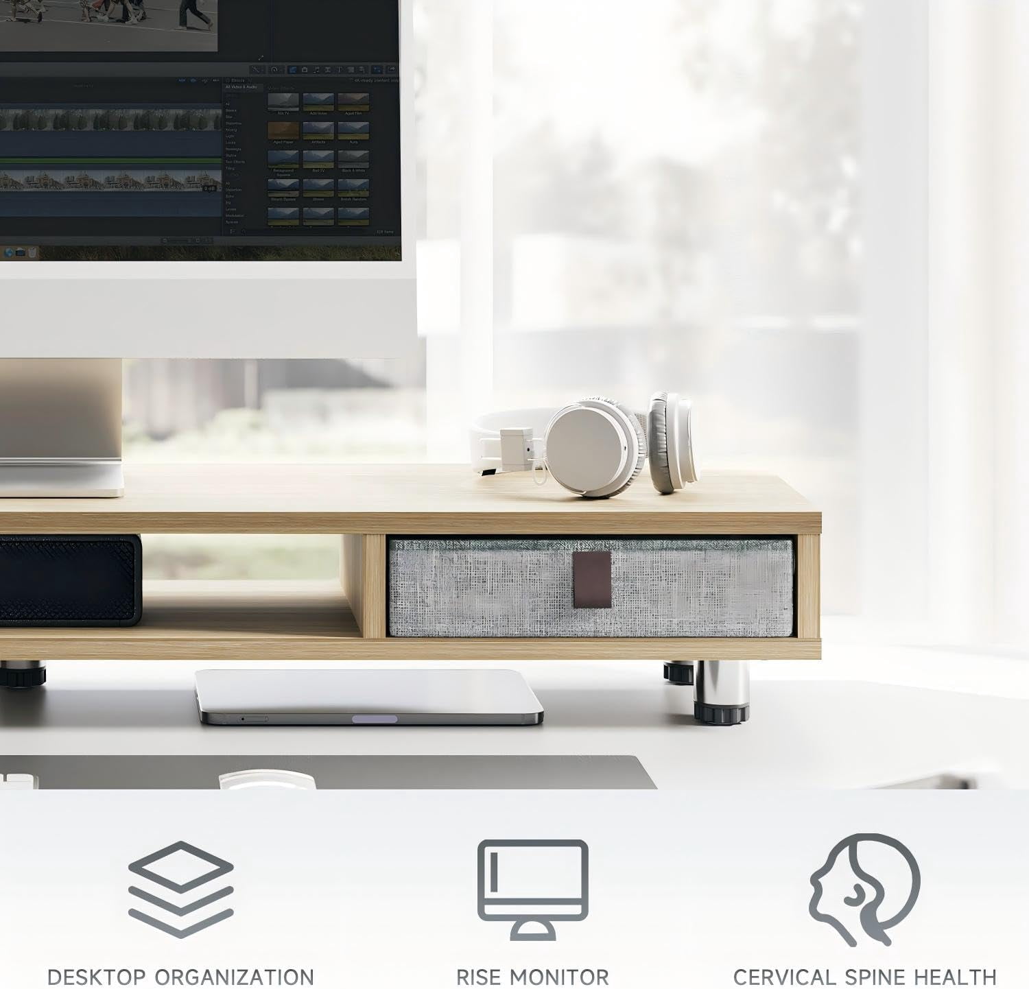Monitor Stand, Dual Monitor Stand with 2 Drawers, Monitor Riser for 2 Monitors, Adjustable Height Computer Stand, Office Monitor Stands for Desk, Laptop, PC, TV, Printer