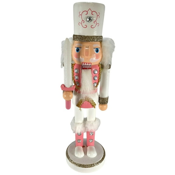 White and Pink Soldier with Sword Wood Nutcracker Christmas Decoration 10 Inch