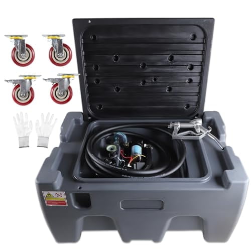 Diesel Gasoline Fuel Transfer Caddy Tank with 12V DC Self-Priming Fuel Transfer Pump for Cars, Motorcycles, Boats, Lawn Mowers, Snowblowers, Manual Fueling Nozzle, 3.7GPM Flow Rate