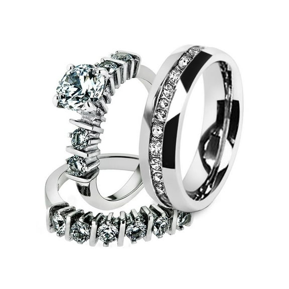 His & Hers Stainless Steel 2.38 Ct Cz Bridal Set & Men's Eternity Wedding Band Women's Women's Size 10 Men's 06mm Size 11