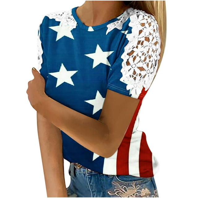 Camisas de Manga Corta para las Mujeres Impresión Cuello Redondo Suéter Encaje Camisa, Blusa de Verano Casual para las Mujeres