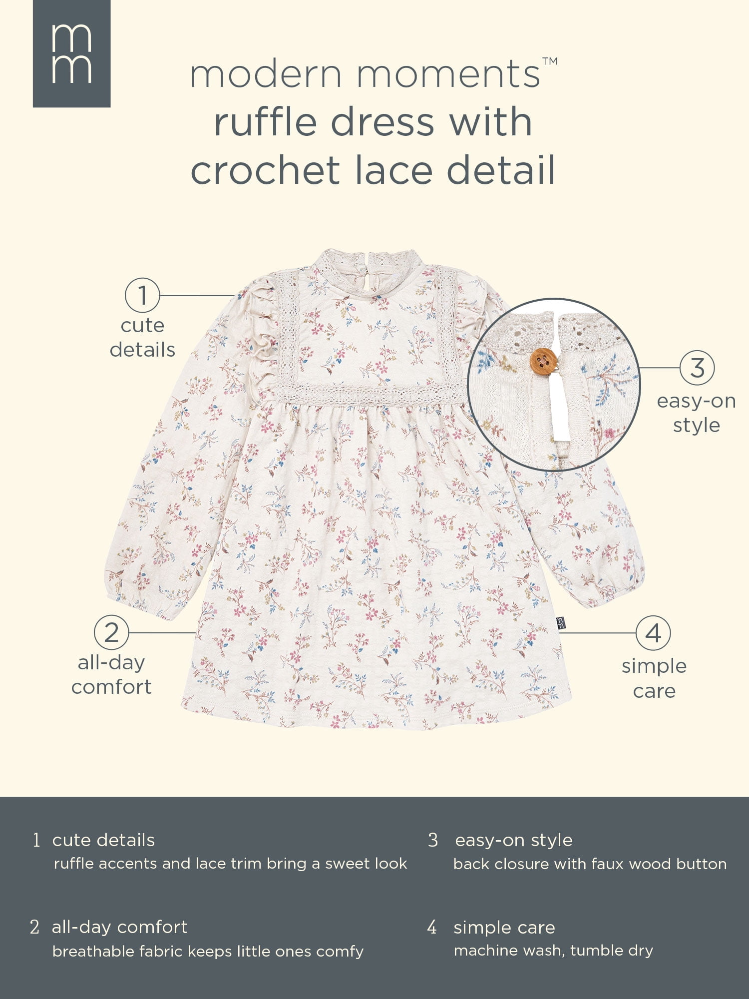 Modern Moments by Gerber Toddler Girl Ruffled Dress with Crochet Lace Detail, Sizes 12M-5T