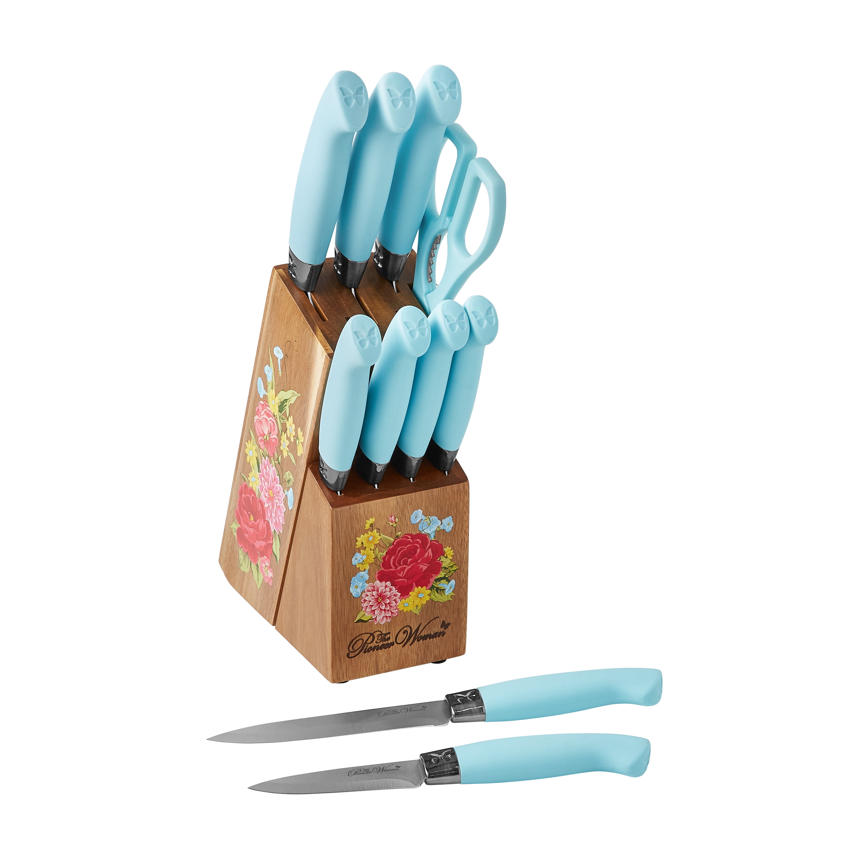 The Pioneer Woman 11-Piece Stainless Steel Knife Block Set, Light Blue