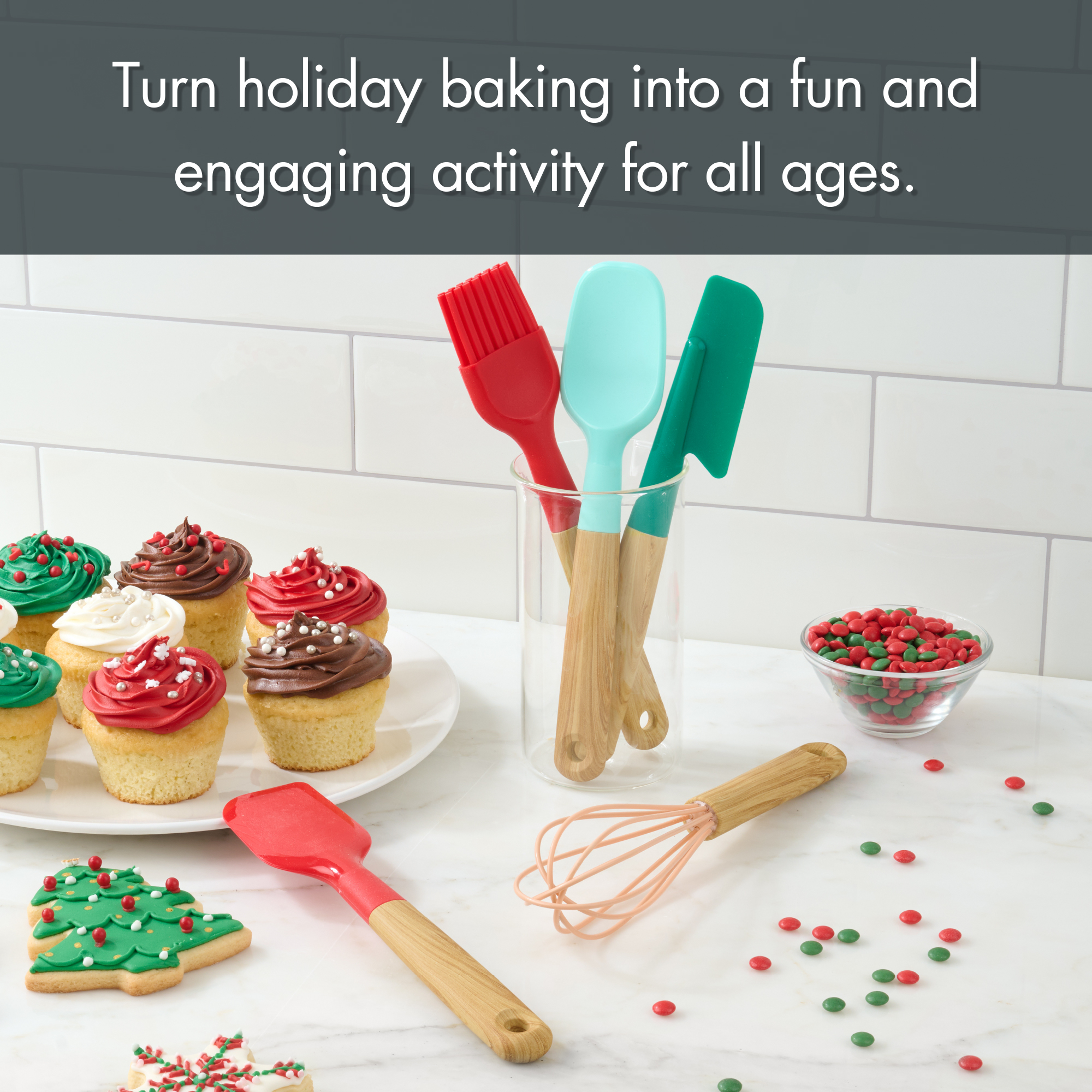 Holiday Time 5-Piece Mini Baking Tools. Red, Green, Pink and Blue