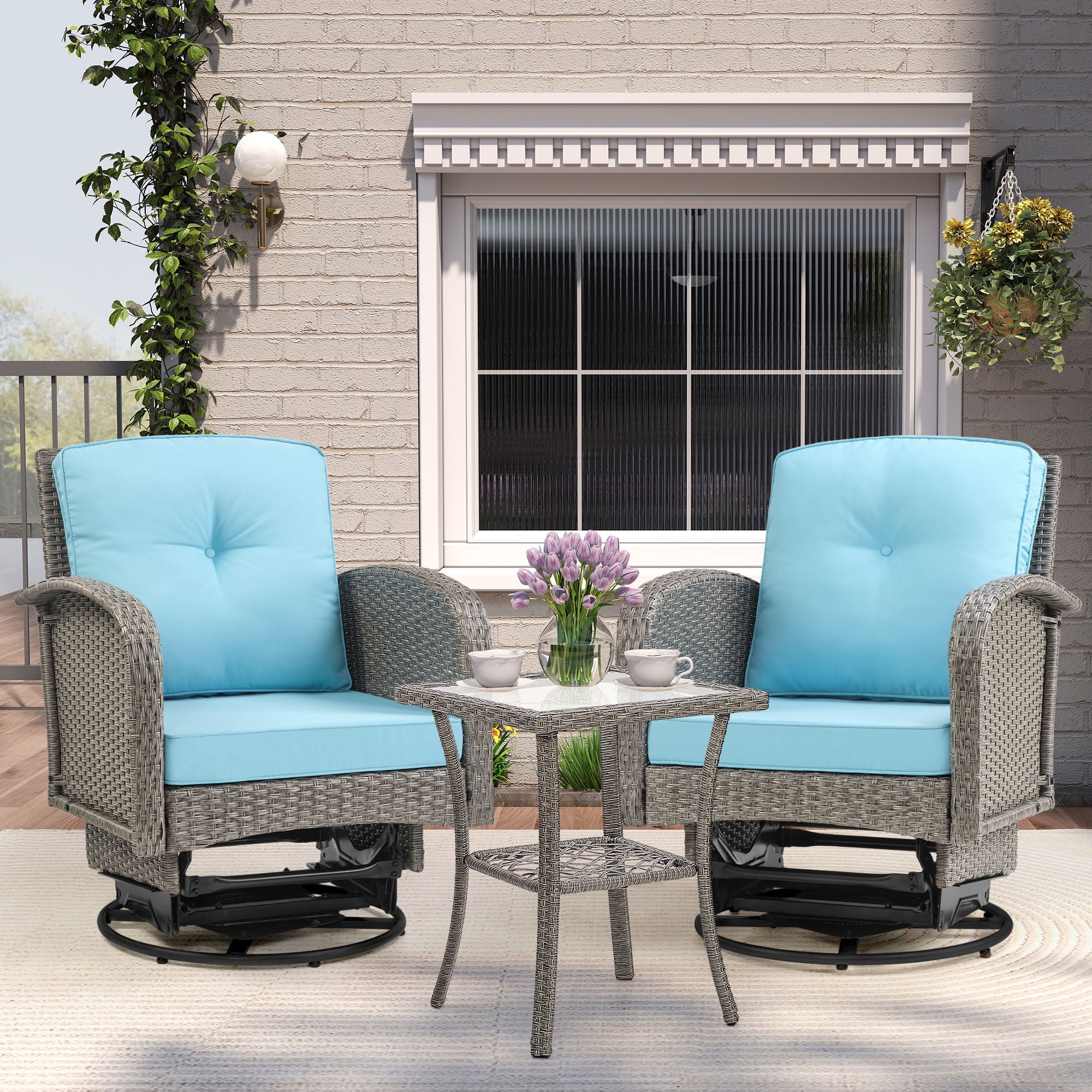 Segmart 3pcs Patio Furniture Set, Rattan Wicker Outdoor Rocking Chair with Coffee Table, Porch Deck Swivel Furniture with Cushions, for Deck Balcony