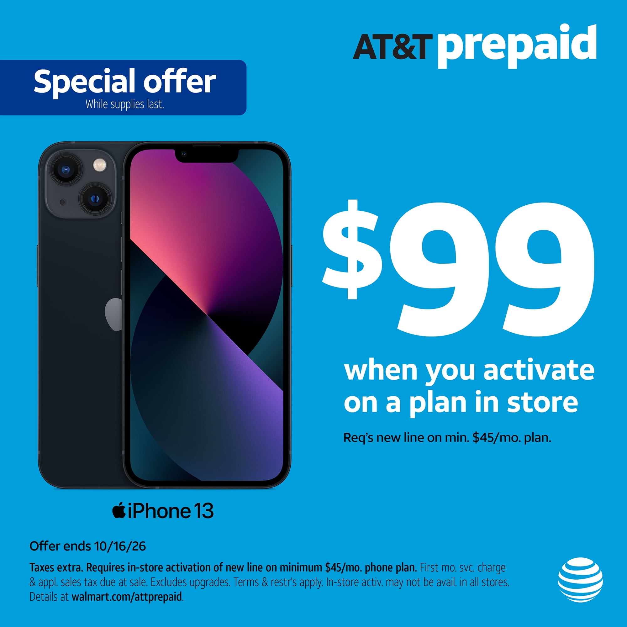 AT&T Apple iPhone 13, 128 GB, Midnight - Prepaid Smartphone [Locked to AT&T]
