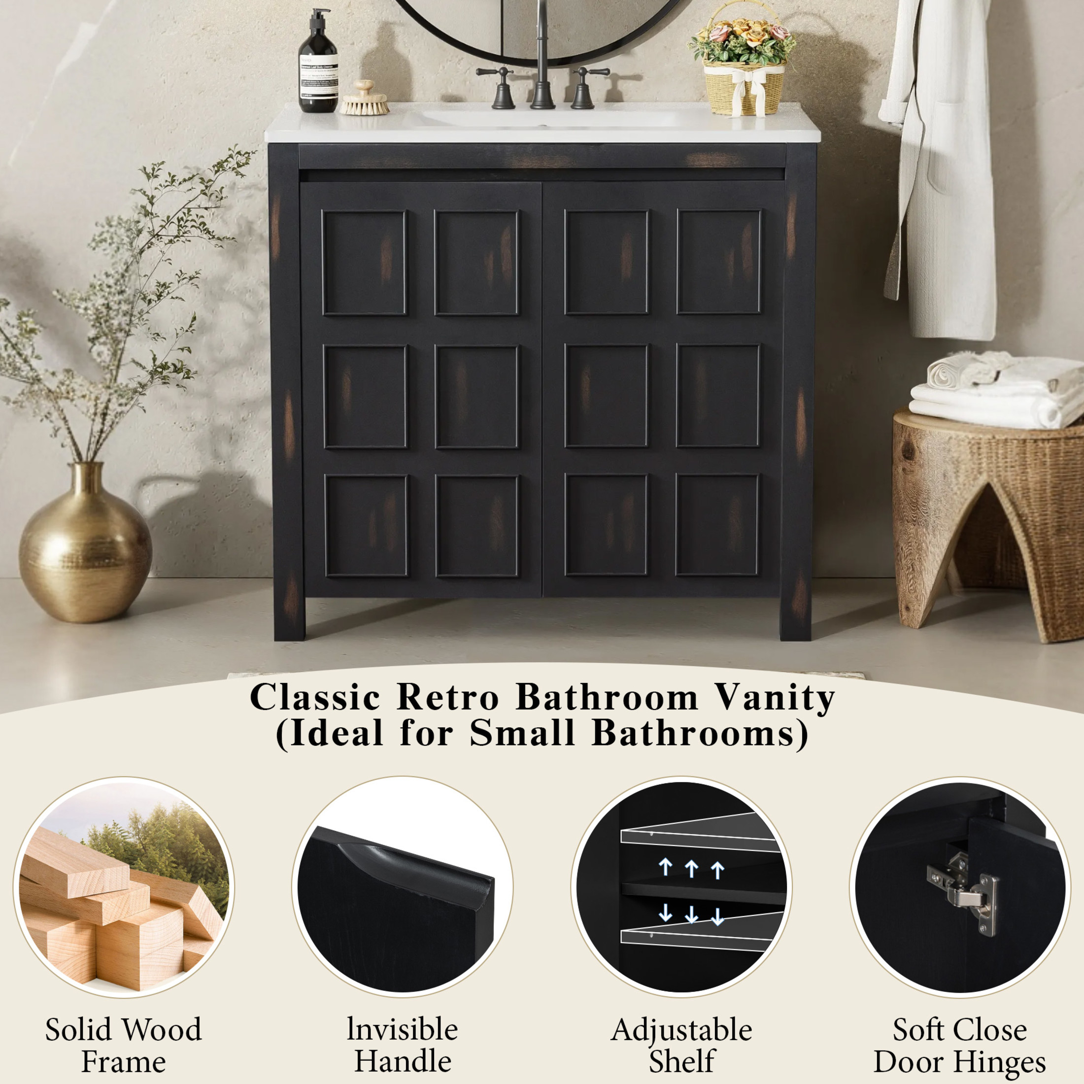 Noble House 72" Retro Dual Bathroom Vanity Set of 2, Ceramic Sinks, Soft-Close Doors & Adjustable Shelf, Espresso