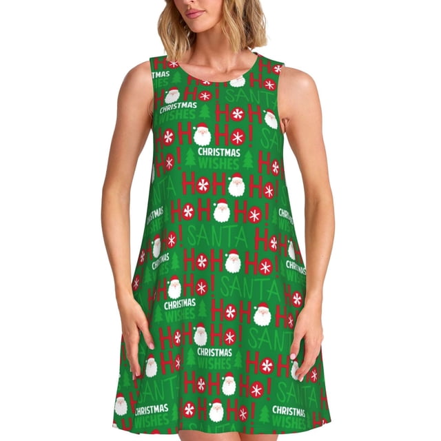 Xecao Mignon Père Noël et Ho Ho Ho pour Robes d'Été pour Femmes Robes Décontractées de Plage Robes Sans Manches T-Shirt Robe Évasée avec Poches