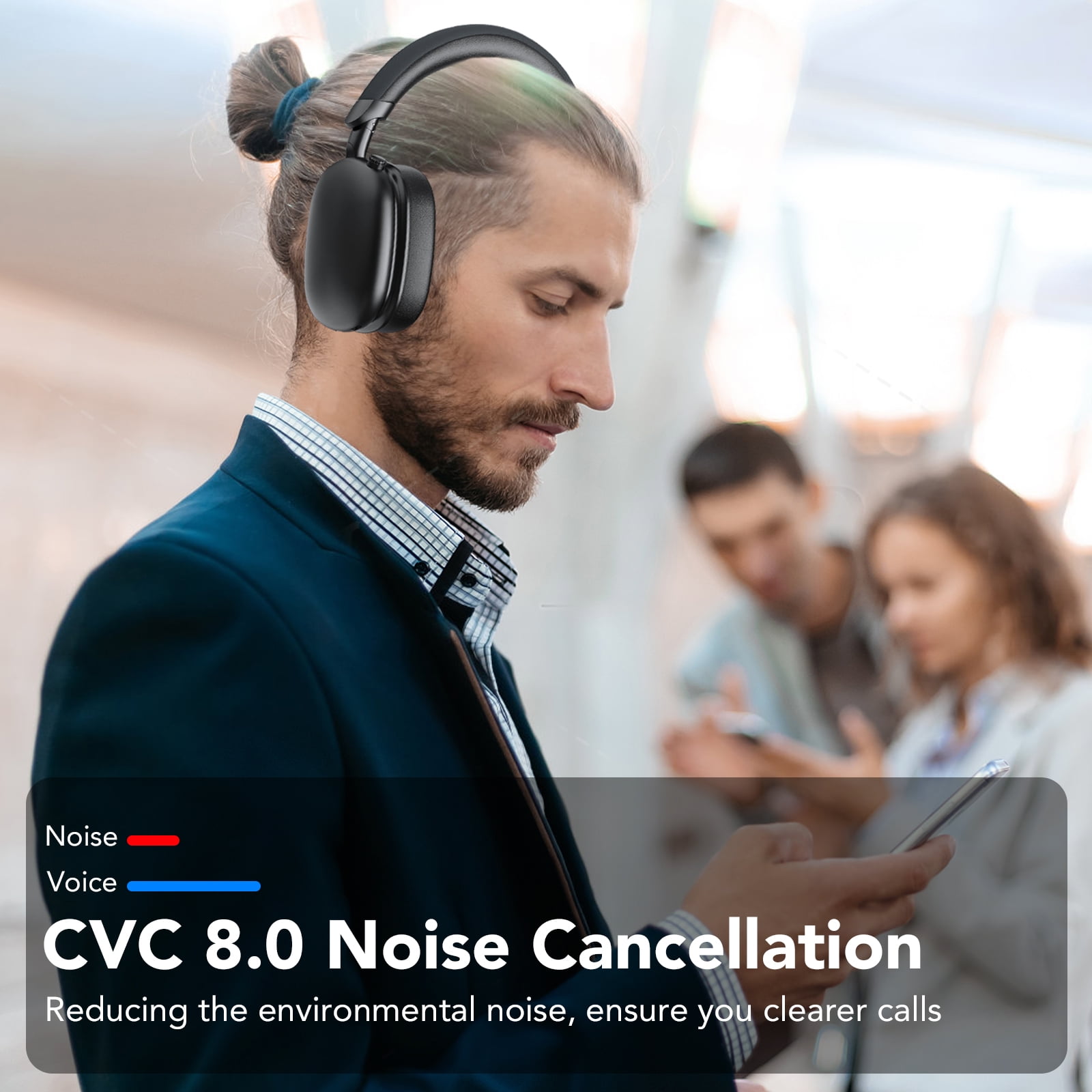 Active Noise Cancelling Headphones -45dB, Bluetooth Headphones 5.4, 60H Playtime Wireless Earbuds, Clear Call, Bass Boosted by 90%, Comfort Fit Over Ear Headphones for Travel Home Office PC Black thumbnail 10