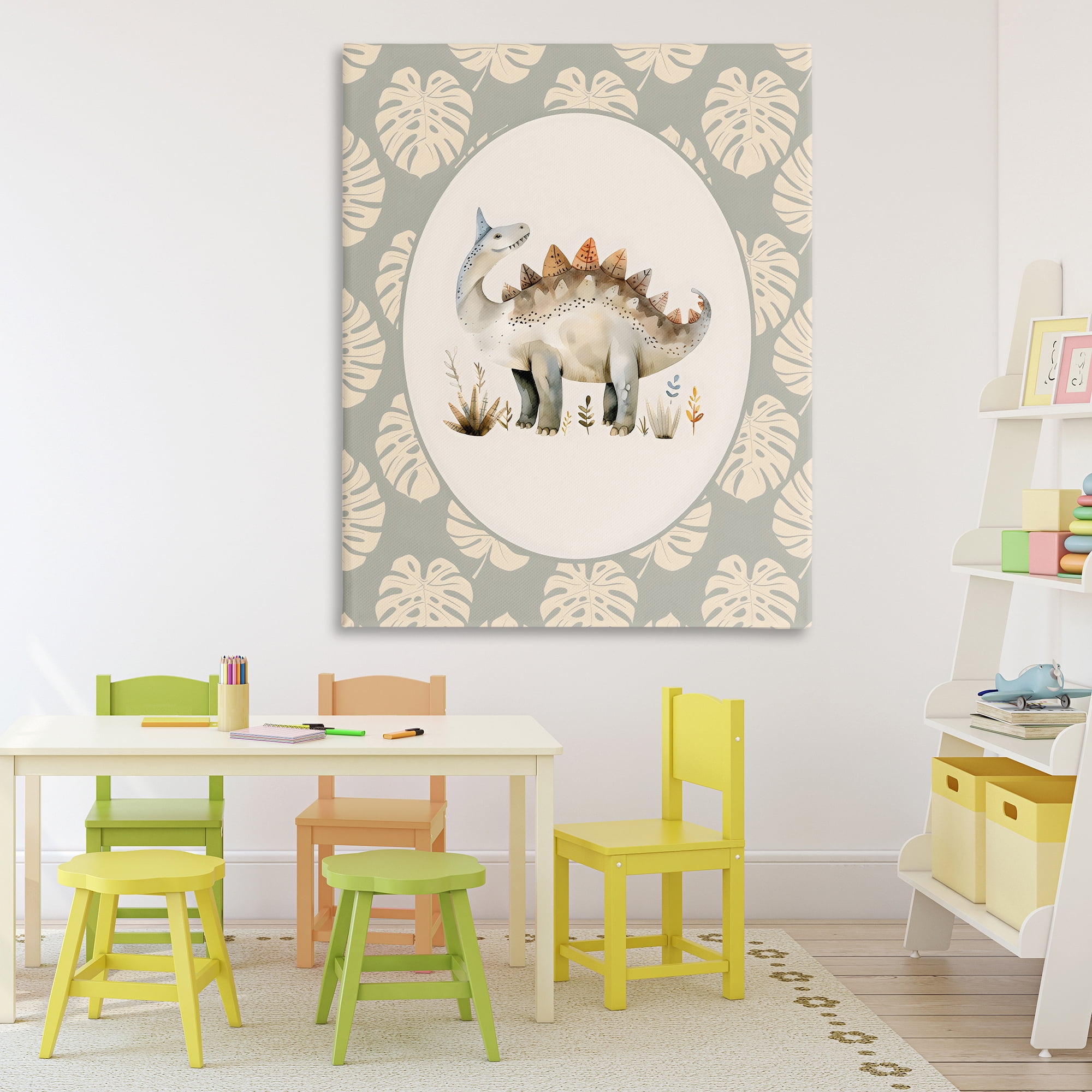 Stupell Industries Watercolor Dinosaur Monstera Border Canvas Wall Art, design by LSR Design Studio