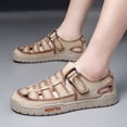 thumbnail image 3 of Men's Leather Hollow Out Flat Sandals Non-Slip Closed Round Toe Hook Loop Rubber Sole Shoes Ultra Lightweight Outdoor Casual Walking Slippers,Khaki 44(US-10), 3 of 5