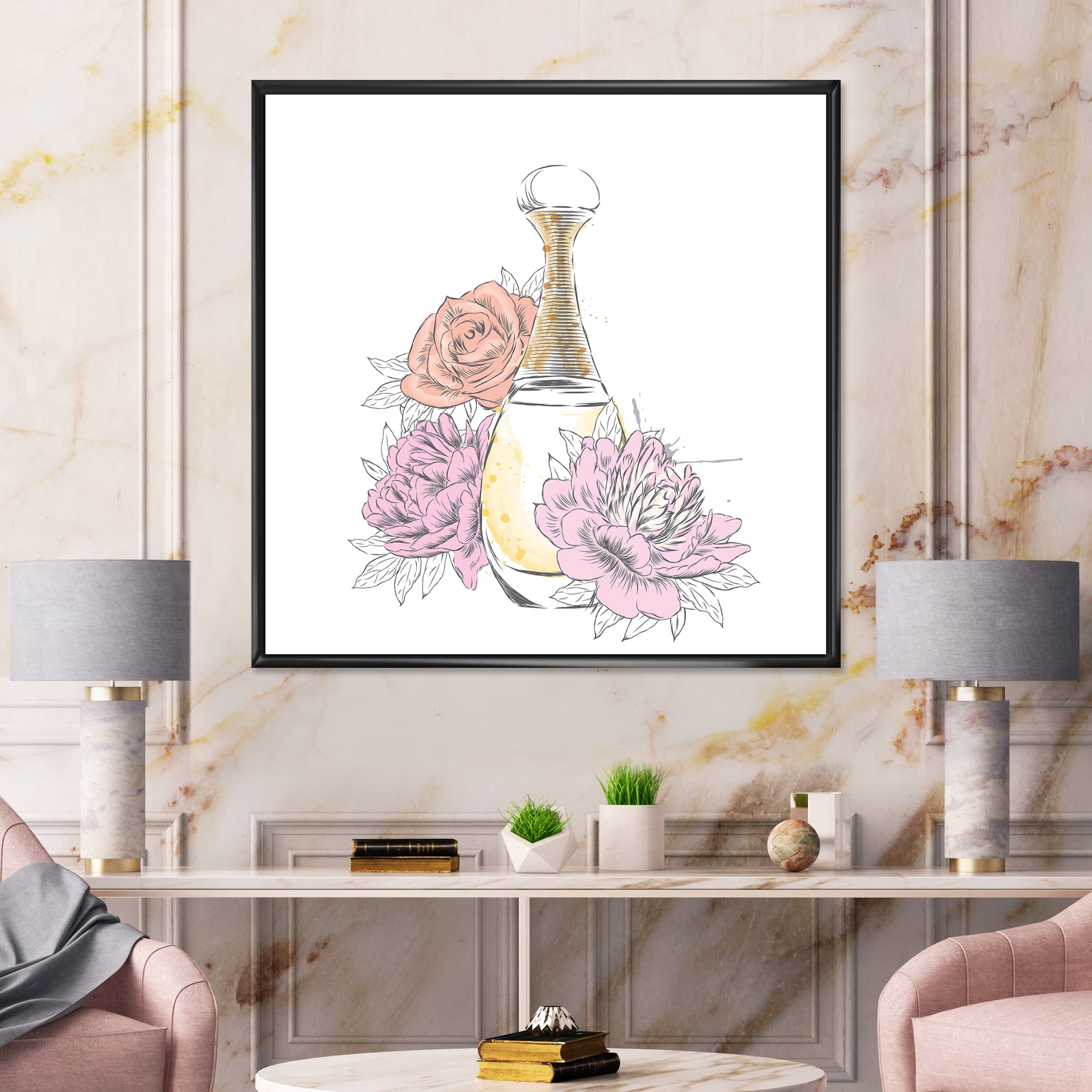 Bouquet of Flowers and Perfume Bottle I 36 in x 36 in Framed Painting Canvas Art Print, by Designart