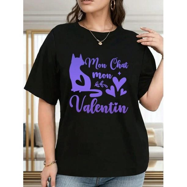 100% Cotton T-Shirt Women's Valentine's Day T-Shirt, Cat Print Crew Neck, Casual All Seasons T-Shirt