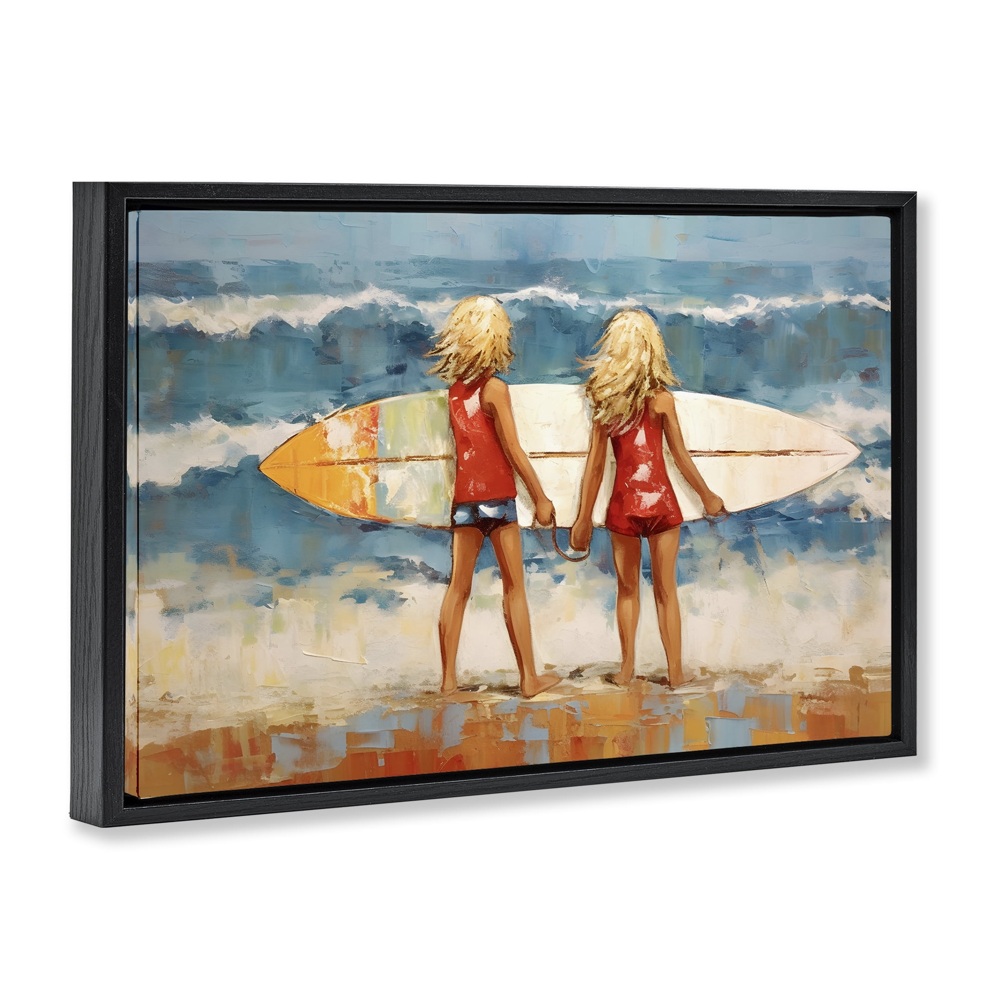 Stupell Industries Siblings with Surfboard People Painting Black Floater Framed Canvas Art Print Wall Art, 31 x 21