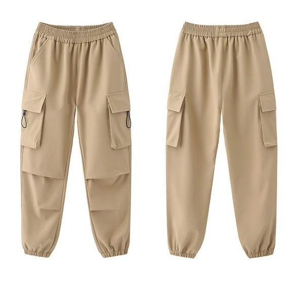 QQAMB Cargo Pants for Girls Elastic Waisted Solid Color Straight Leg Workout Lightweight Casual Trousers,7 Years