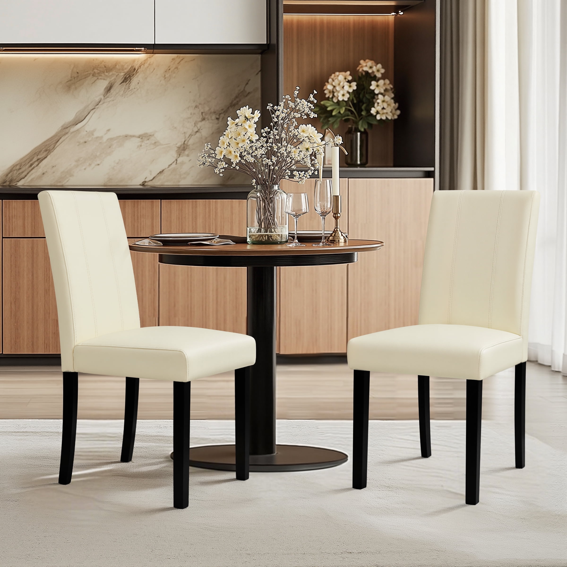 DyFun Faux Leather Dining Chairs Set of 2, Upholstered Parsons Chairs for Kitchen Dining Room or Breakfast Nook, Ivory