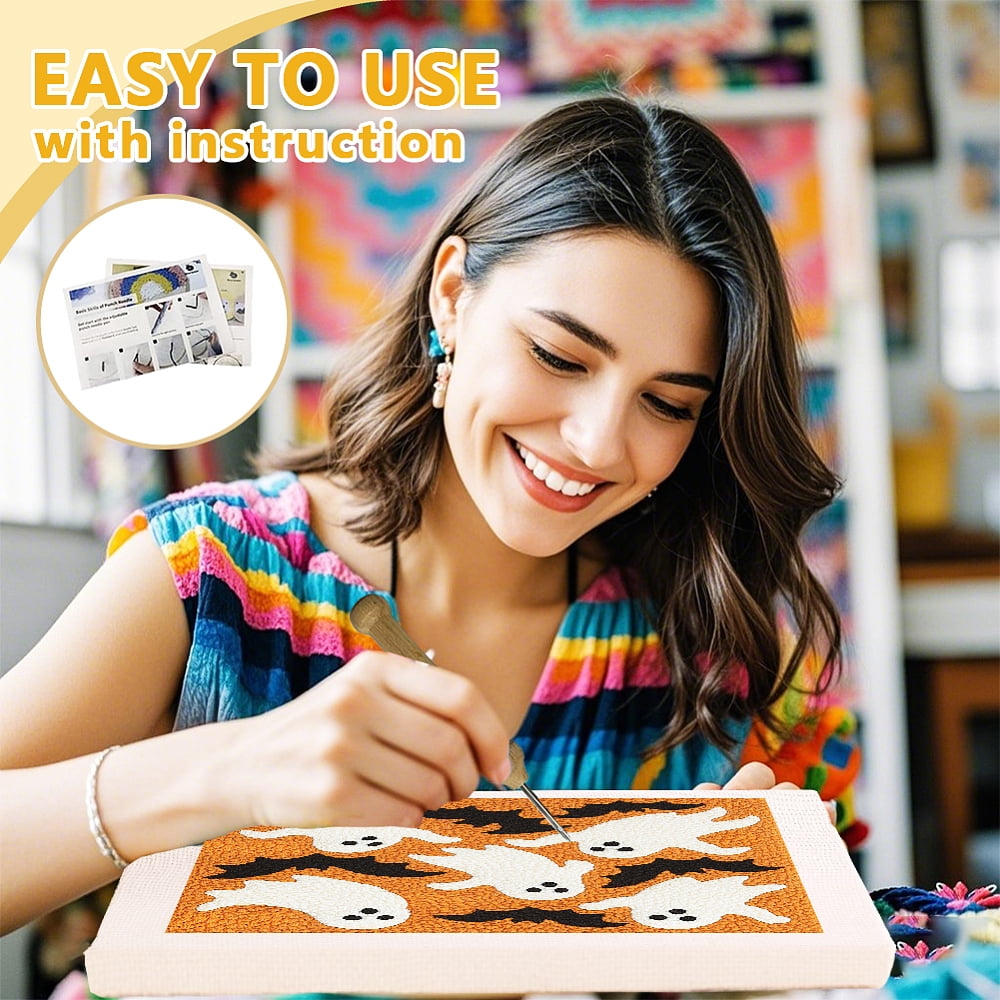 Polyester Cotton Punch Needle 4Folded Yarns Embroidery Kit Included Threader Cotton Thread Punch Needle Thread Clips 3.5MM Wooden Needle 240x240mm DIY