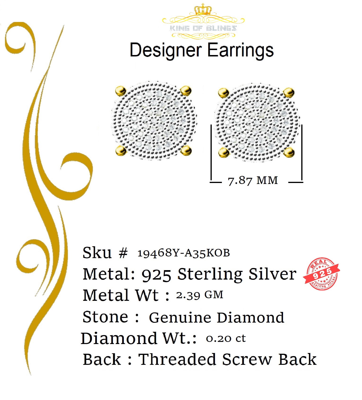 King of Bling's 925 Sterling Silver 0.20ct Diamond For Women's/ Men's Yellow Stud Round Earrings
