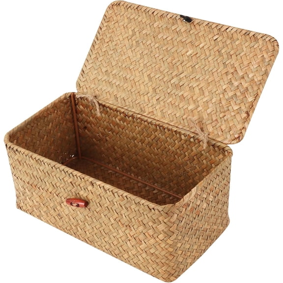 GoXteam Small Wicker Shelf Baskets with Lid, Handwoven Seagrass Basket for Shelves Desktop Home Organizer, Storage Basket Bins Rectangular Home Organizer Gift Boxes