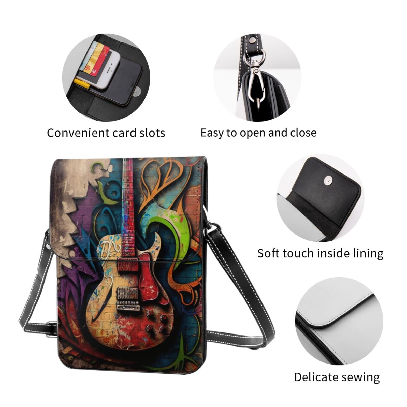 Guitar Music Graffiti Street Wall Art Cell Phone Purse Small Crossbody Bag with Strap Credit Card Slots Leather Shoulder Wallet for Women